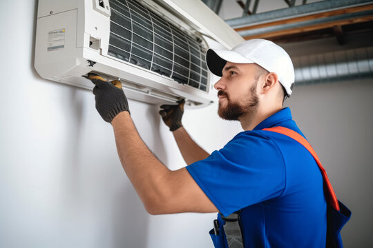 HVAC technician installing a mini split air conditioner in Carson