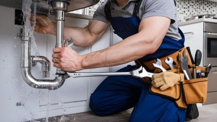 Plumber repairing pipes beneath a sink in Carson